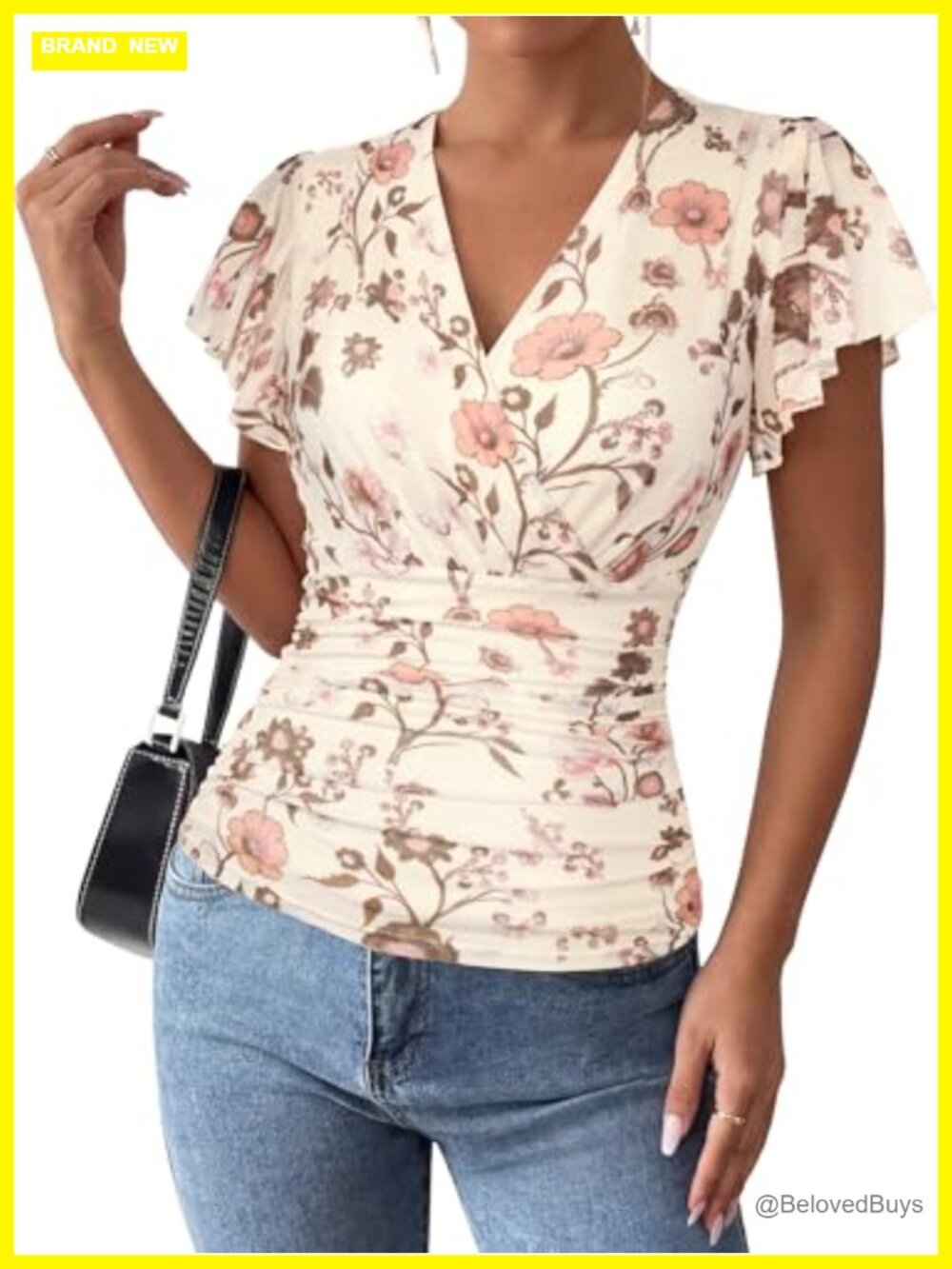 Womens Mesh Wrap Blouse Ruched Waist Ruffle Sleeve Boho Floral Top